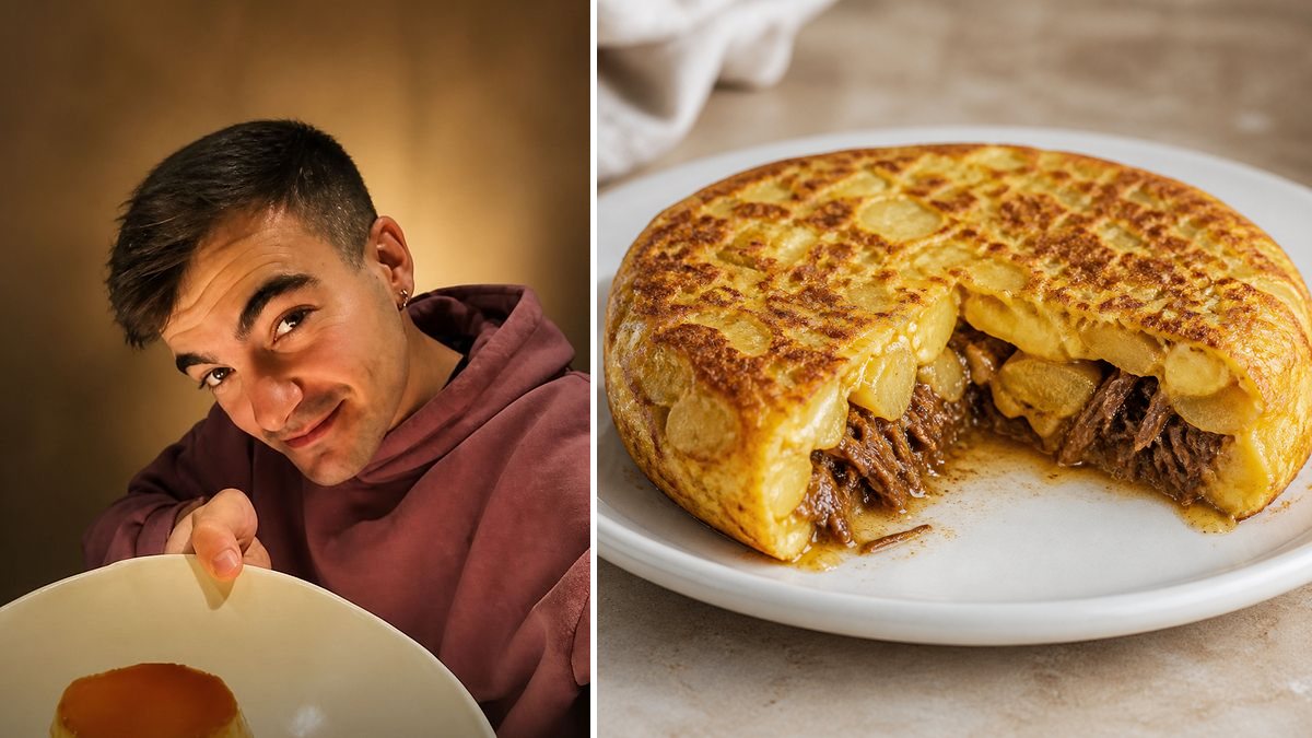 Iñaki, cocinero, y su Tortilla navarra de rabo de toro en un montaje de HolyCook